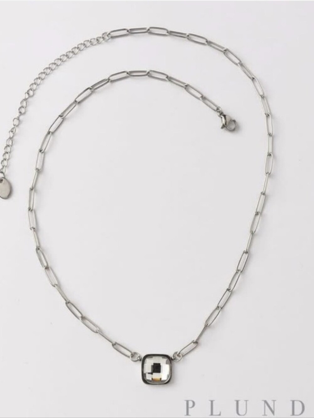 Plunder Silver Paperclip Chain Clear Crystal Square Pendant Necklace - Picture 3 of 4